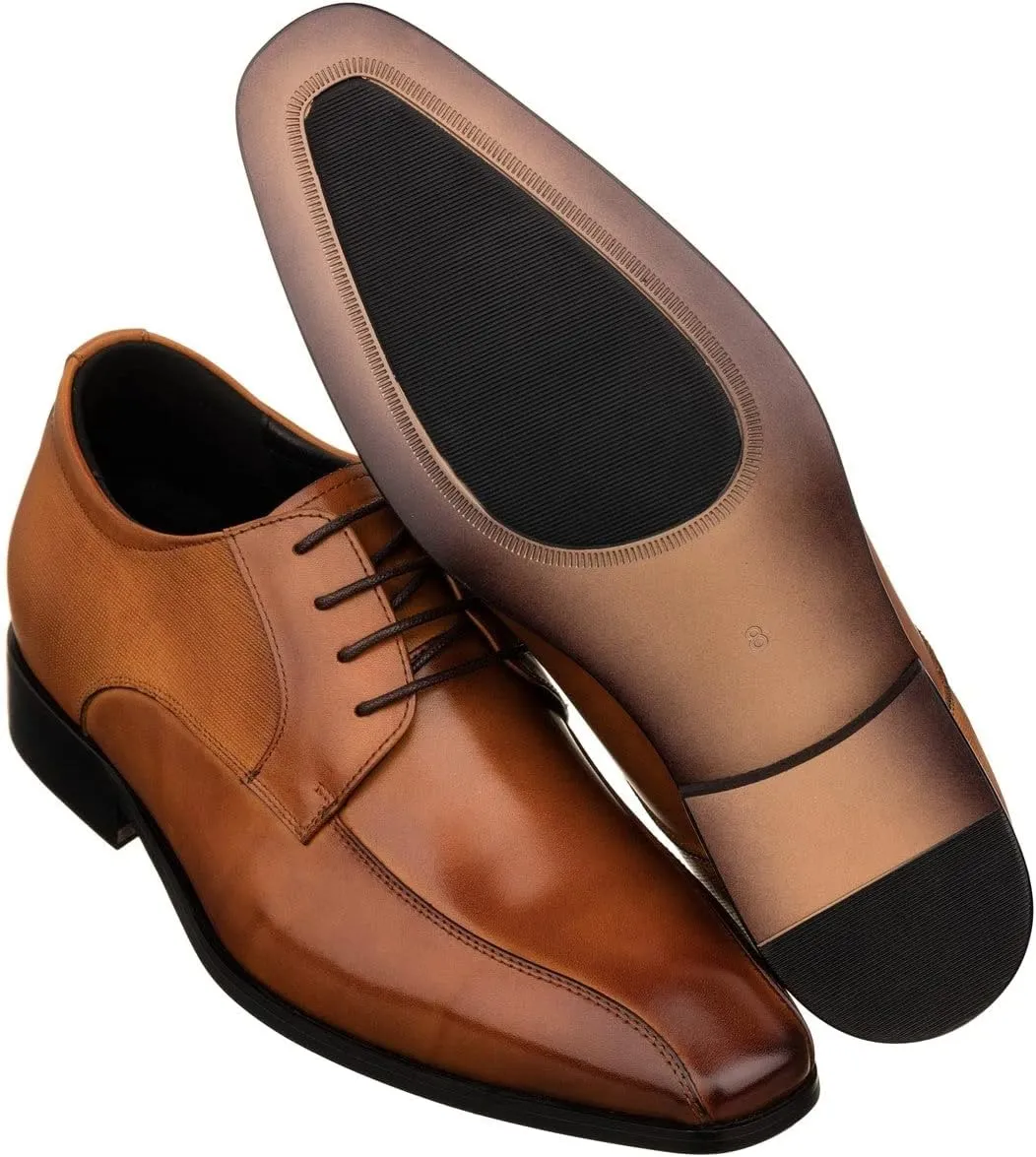 TOTO Men's Invisible Height Increasing Elevator Shoes - Brown Leather Lace-up Formal Dress Oxfords- 2.2 Inches Taller - Y6364 - Size 6.5 D(M) US