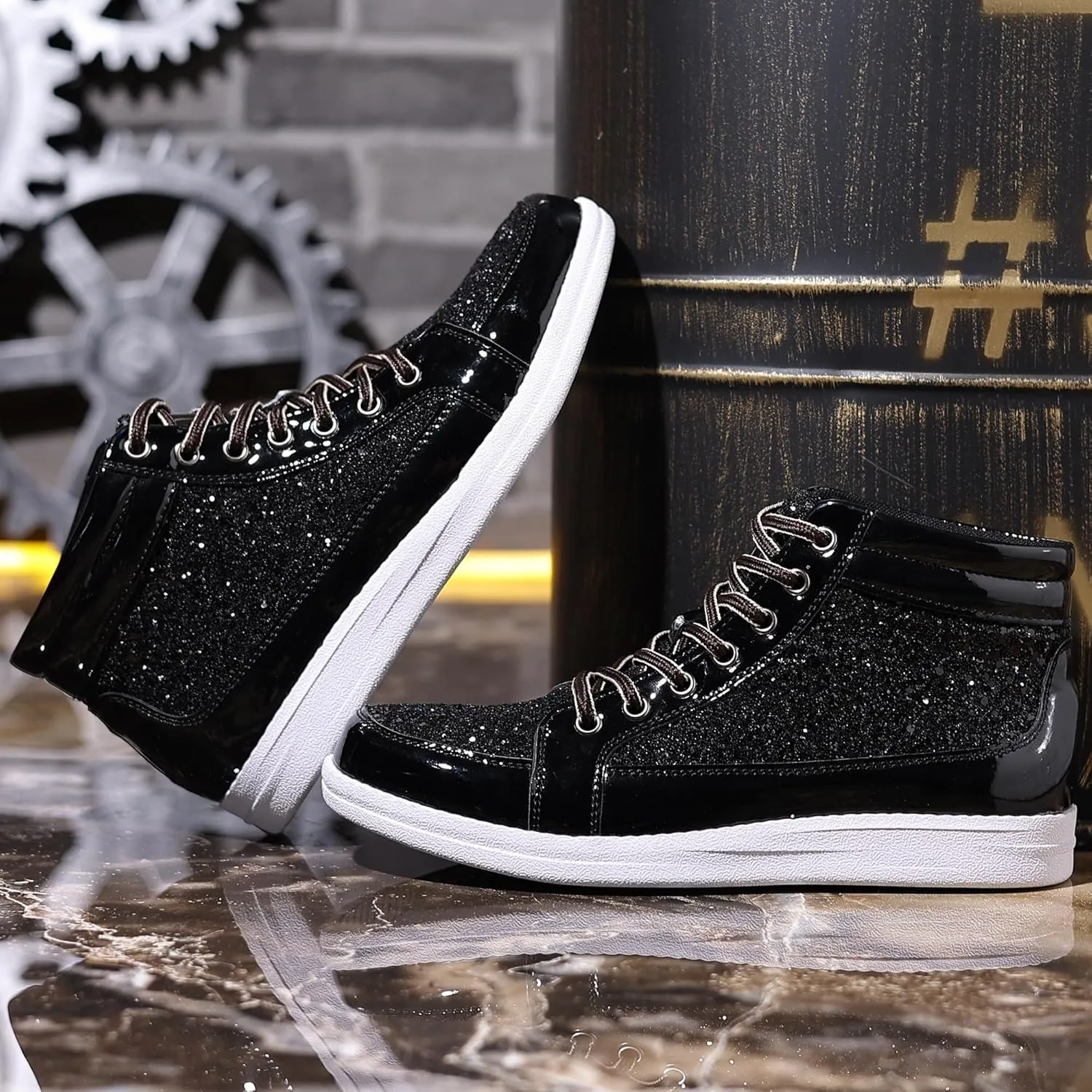 Trsorini Mens Glitter Sparkly Shoes Bling Sequin Lace Boots Fashion Sneakers High Top Casual Shiny Shoes