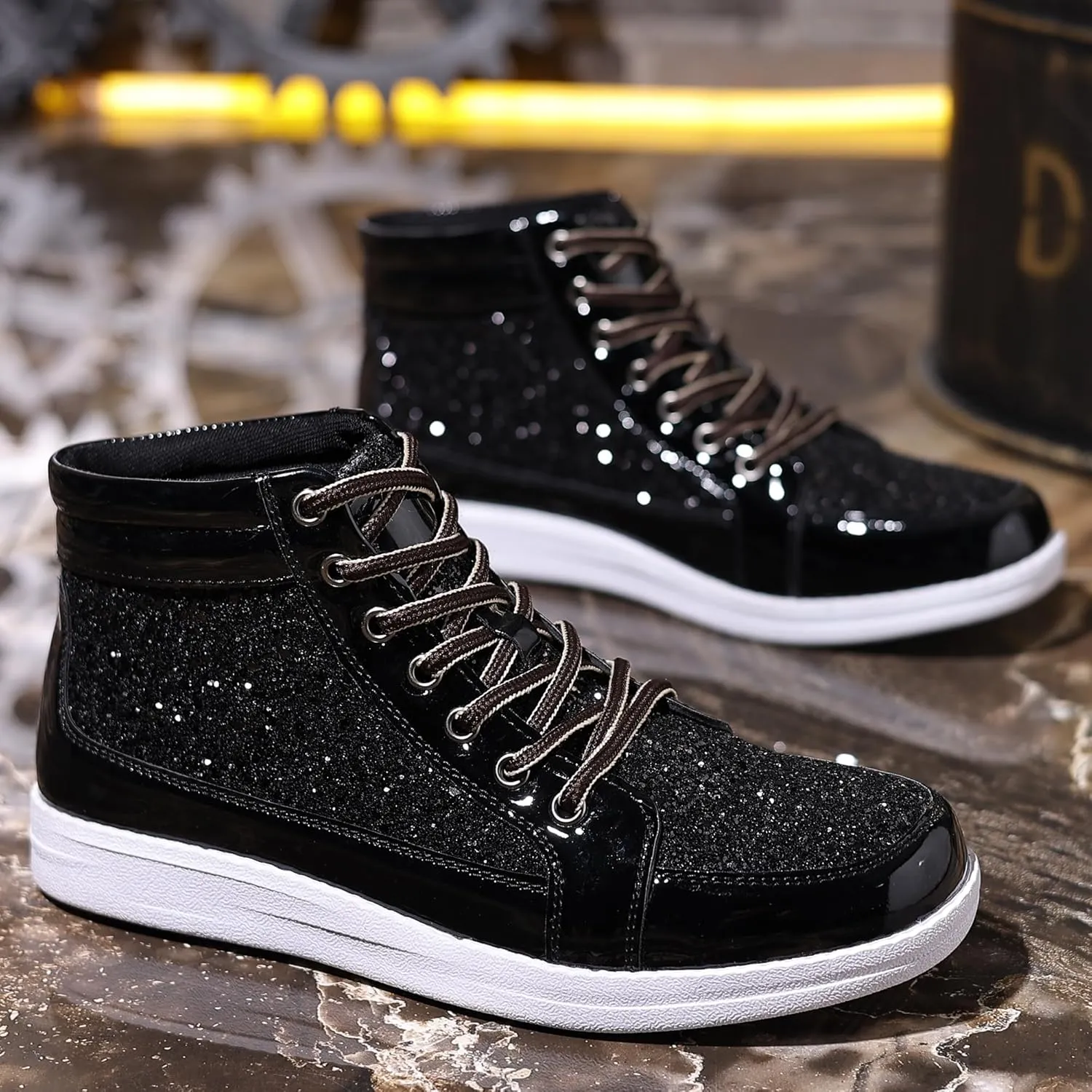 Trsorini Mens Glitter Sparkly Shoes Bling Sequin Lace Boots Fashion Sneakers High Top Casual Shiny Shoes