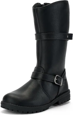 TZJS Girls Knee High Boot Lightweight Buckle Fashion Girls Riding Boots Kids Side Zipper Faux Fur Lined Water Resistant Warm Winter Shoes for Toddler/Little Kid