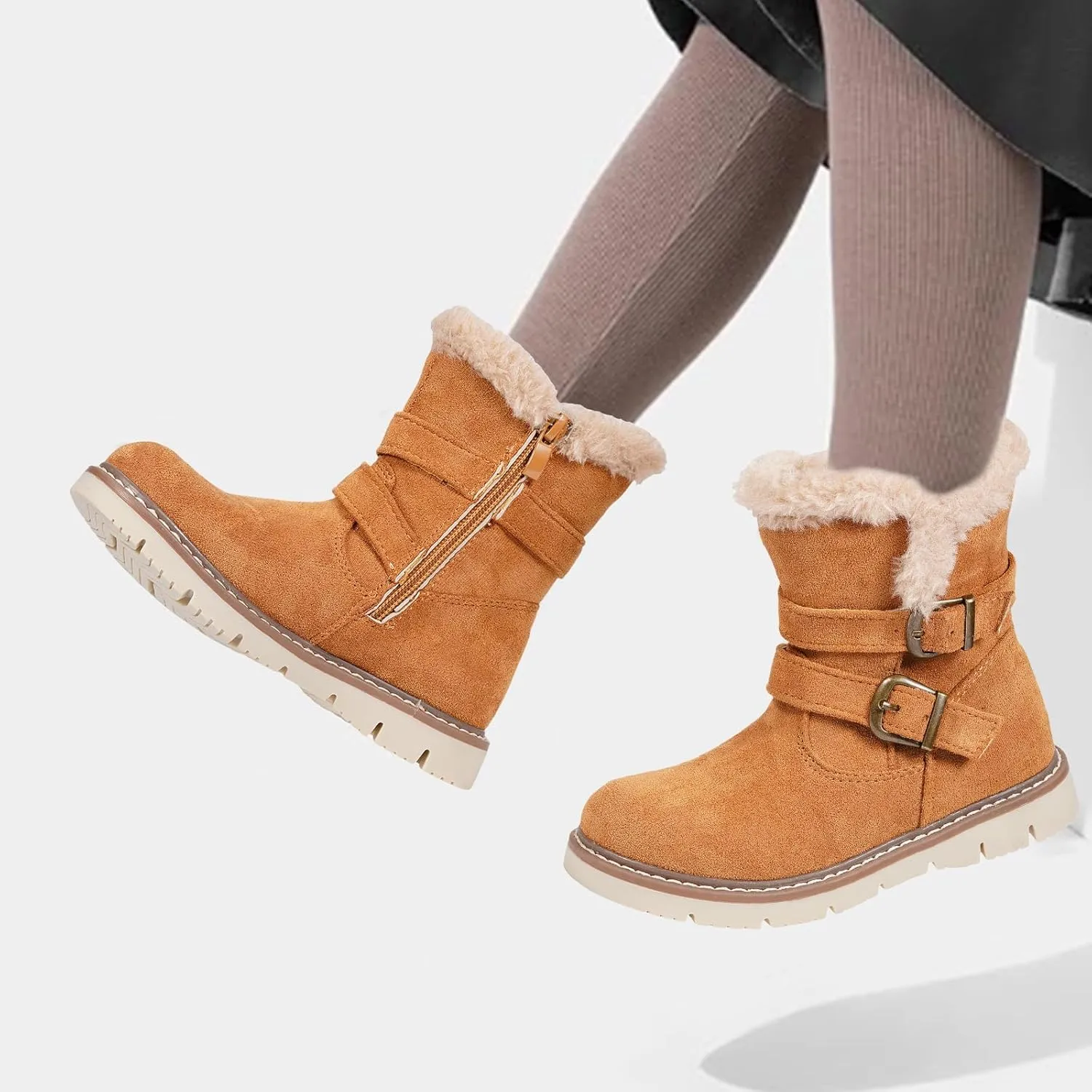 TZJS Girls Warm Winter Boots Kids Fashion Faux Fur Lined Snow Boot Side Zipper Lightweight Durable Outdoor Walking Shoes for Toddler/Little Kid