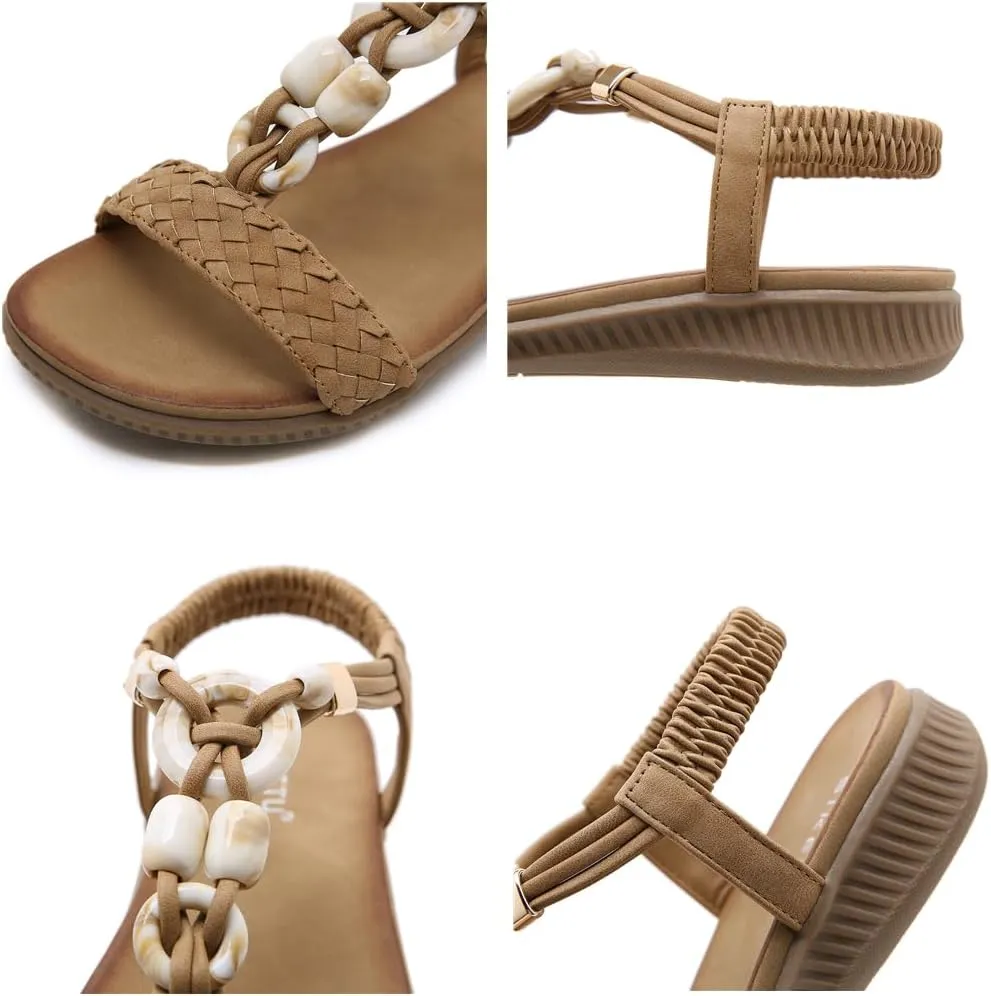 UIKGITP Bohemian Gemstones Summer Women Wedges Flat Sandals Slippers Beach Vintage Casual Flip Flops Elastic Ankle Strap T Strap Thong Strappy Comfortable Platform Slides Shoes