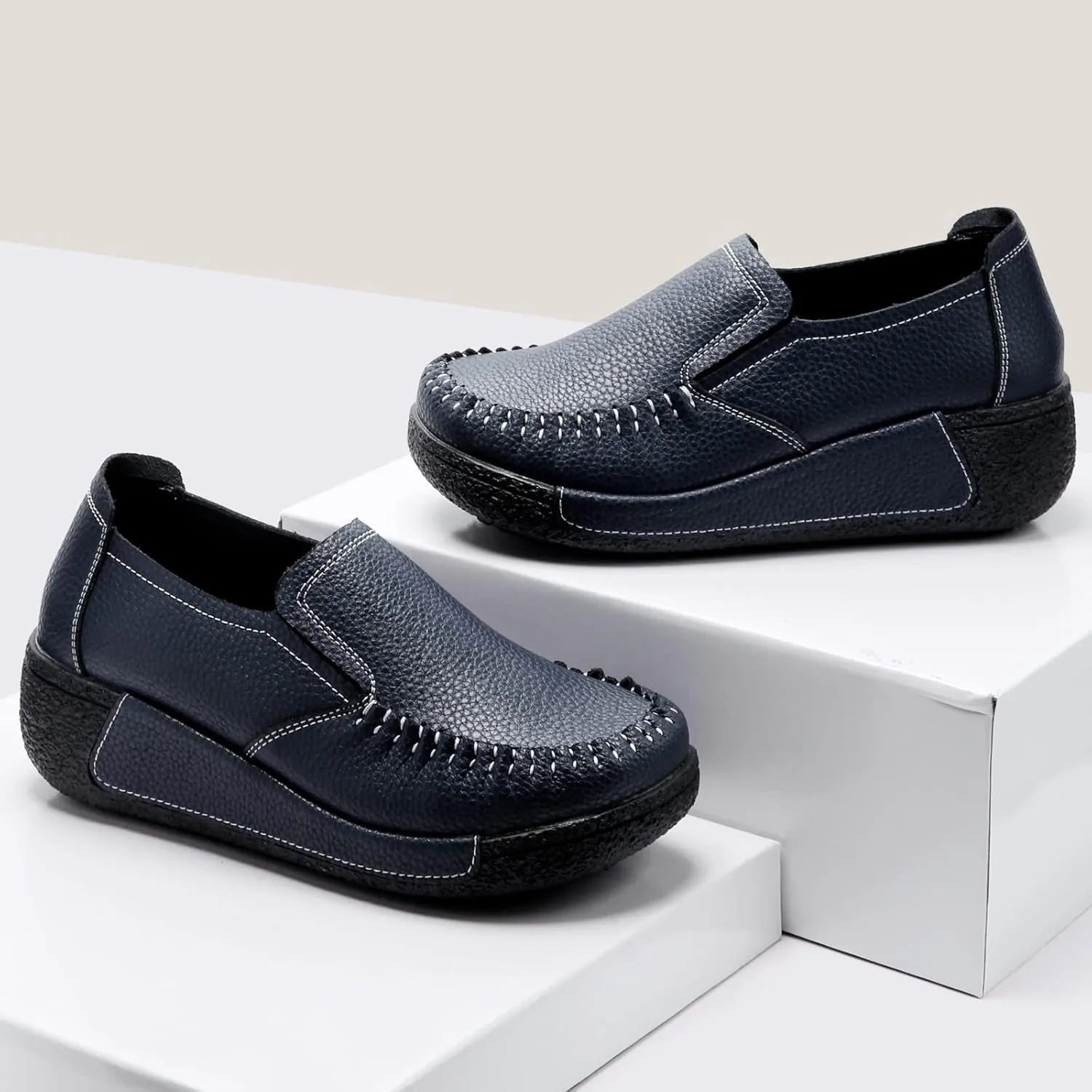 UZB Women's Slip On Loafer Leather Comfort Casual Platform Shoes