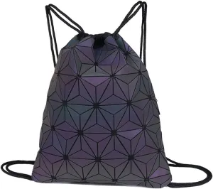 Van Caro Unisex PU Leather Holographic Geometric Drawstring Backpack Gym Travel String Bag, Black One_Size