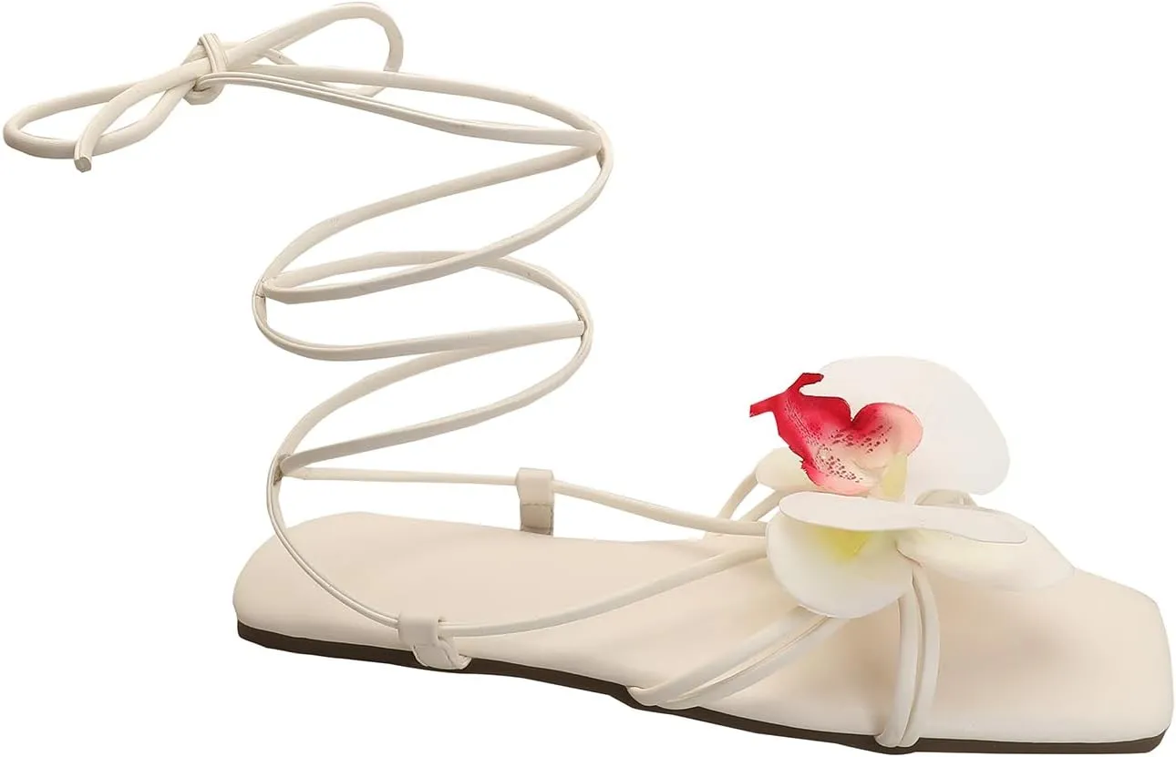 Verdusa Women's 3D Flower Strappy Sandals Lace Up Square Toe Roman Sandals