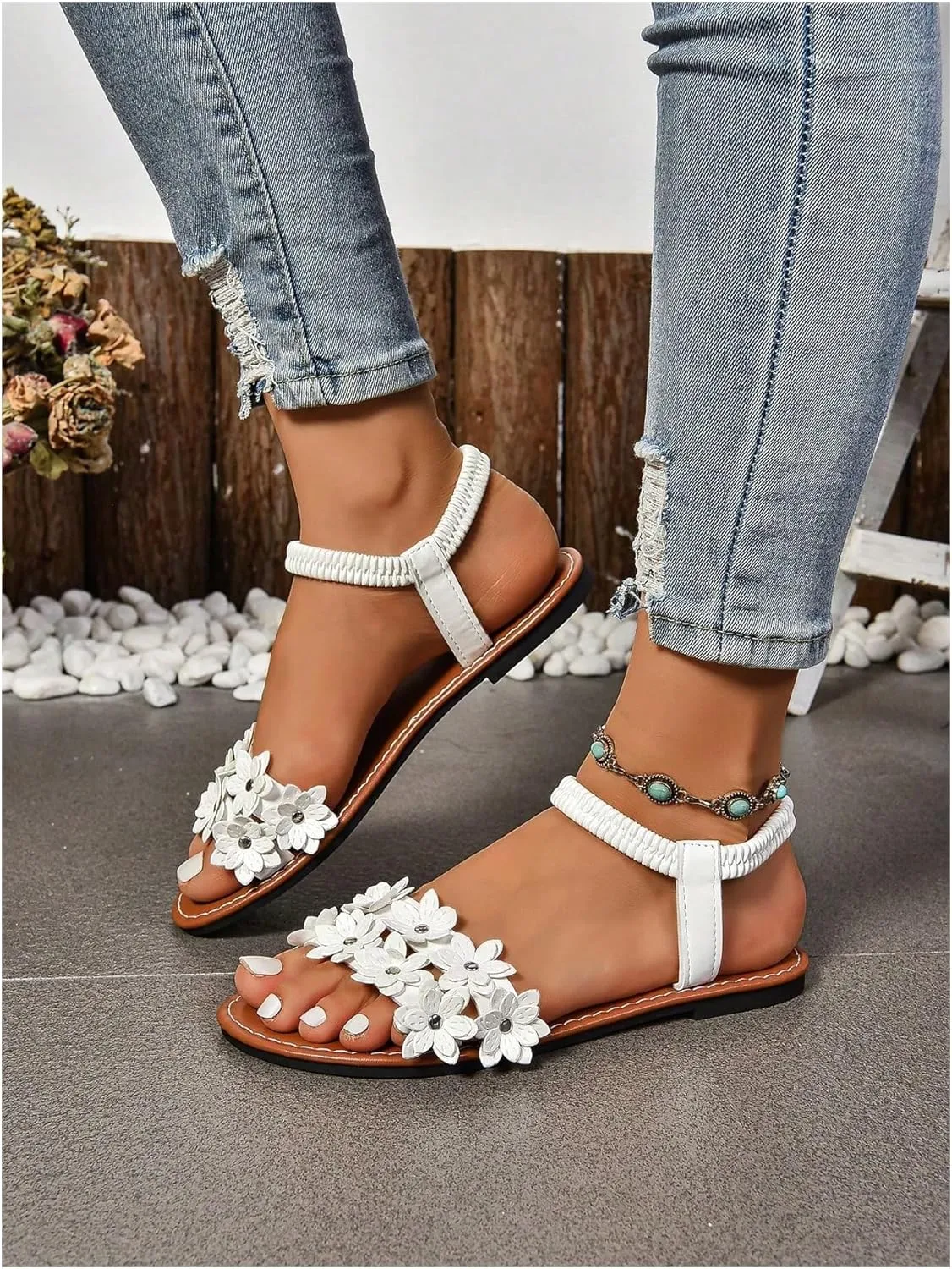 Verdusa Women's Summer Sandals Flower Leather Flat Sandals with Ankle Strap