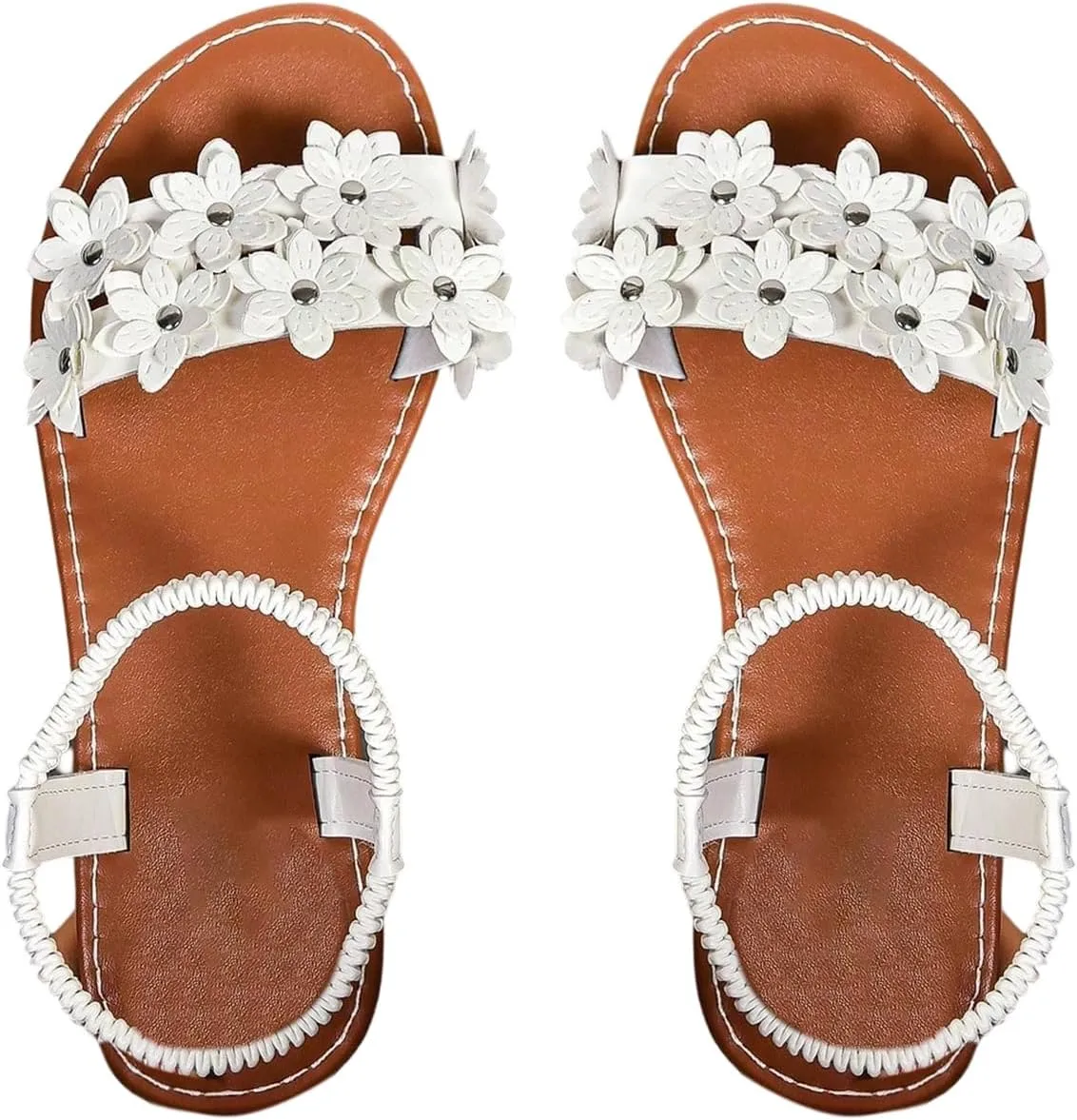 Verdusa Women's Summer Sandals Flower Leather Flat Sandals with Ankle Strap