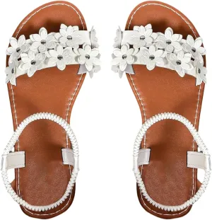Verdusa Women's Summer Sandals Flower Leather Flat Sandals with Ankle Strap
