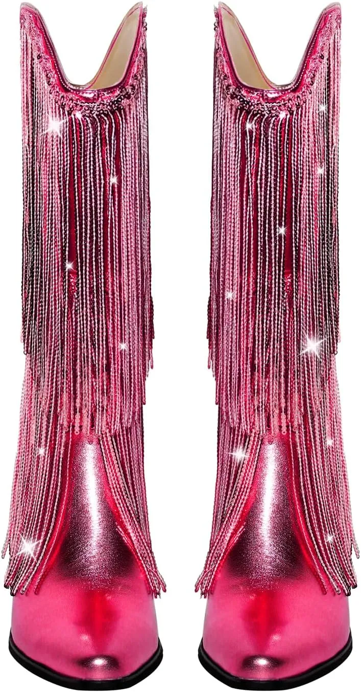 VERISSON Point Toe High Heeled Rinestones Tassels Boots with Multi-fringe