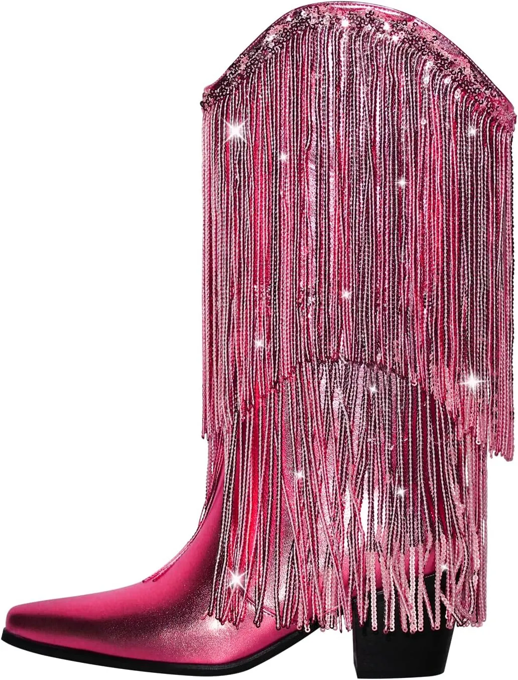VERISSON Point Toe High Heeled Rinestones Tassels Boots with Multi-fringe