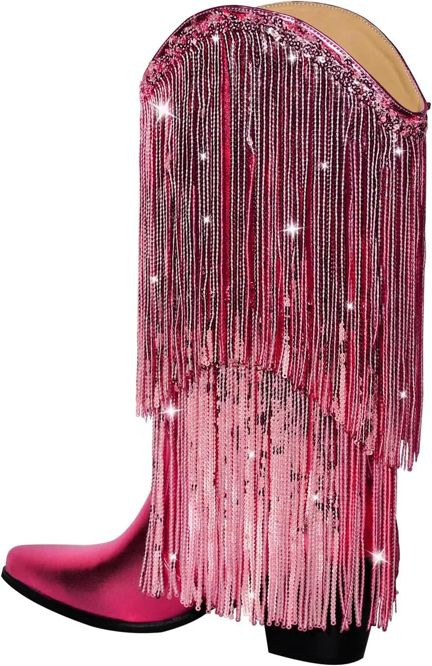 VERISSON Point Toe High Heeled Rinestones Tassels Boots with Multi-fringe