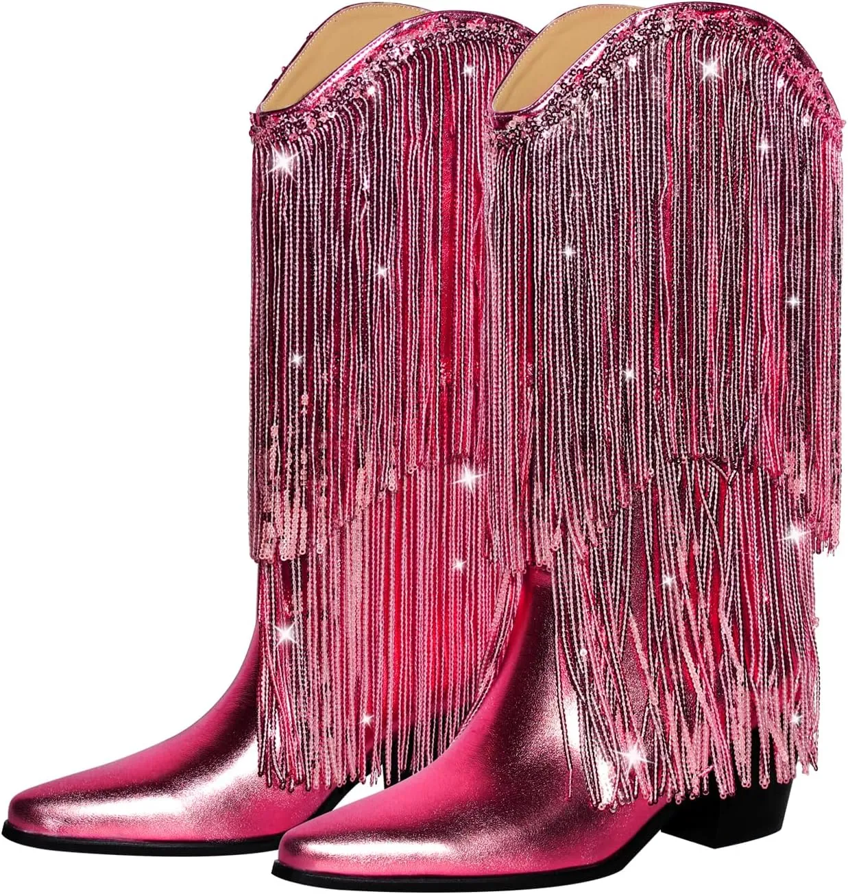 VERISSON Point Toe High Heeled Rinestones Tassels Boots with Multi-fringe