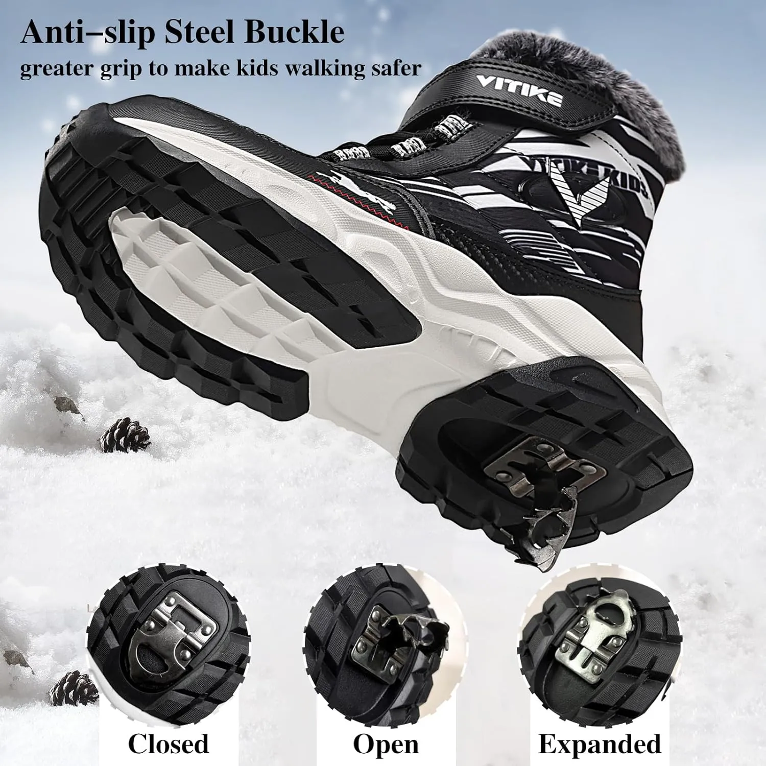 VITUOFLY Boys Hiking Boots Kids Hiking Shoes Girls Outdoor Warm Winter Snow Boots Adventure Trekking Shoes Anti-skid Sneakers Steel Buckle Durable Comfortable