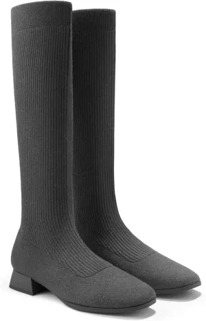 VIVAIA Tara Pro Women's Water Repellent Wool Knee-High Boots Slip on Square-Toe Booties 1.18'' Block Heel Booties Lady Dress Short Winter Fall Boots