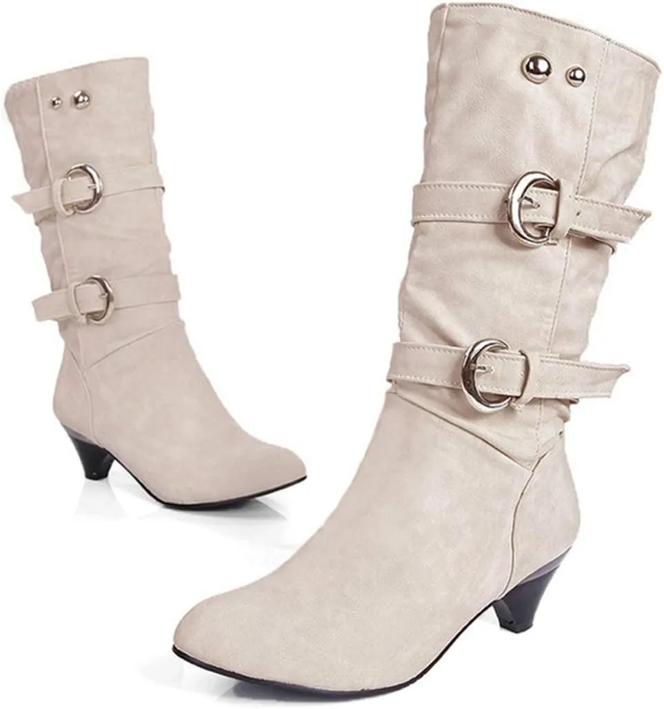 VOKLIN Women's Winter Buckle Mid Wide Calf Boots Round Toe Pull On Kitten Low Heel Warm Width Slouch Boots