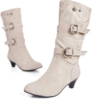 VOKLIN Women's Winter Buckle Mid Wide Calf Boots Round Toe Pull On Kitten Low Heel Warm Width Slouch Boots