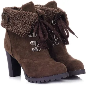 VOKLIN Women's Winter Fur Cuff Ankle Boots Lace Up Round Toe Chunky Block High Heel Warm Dressy Short Booties