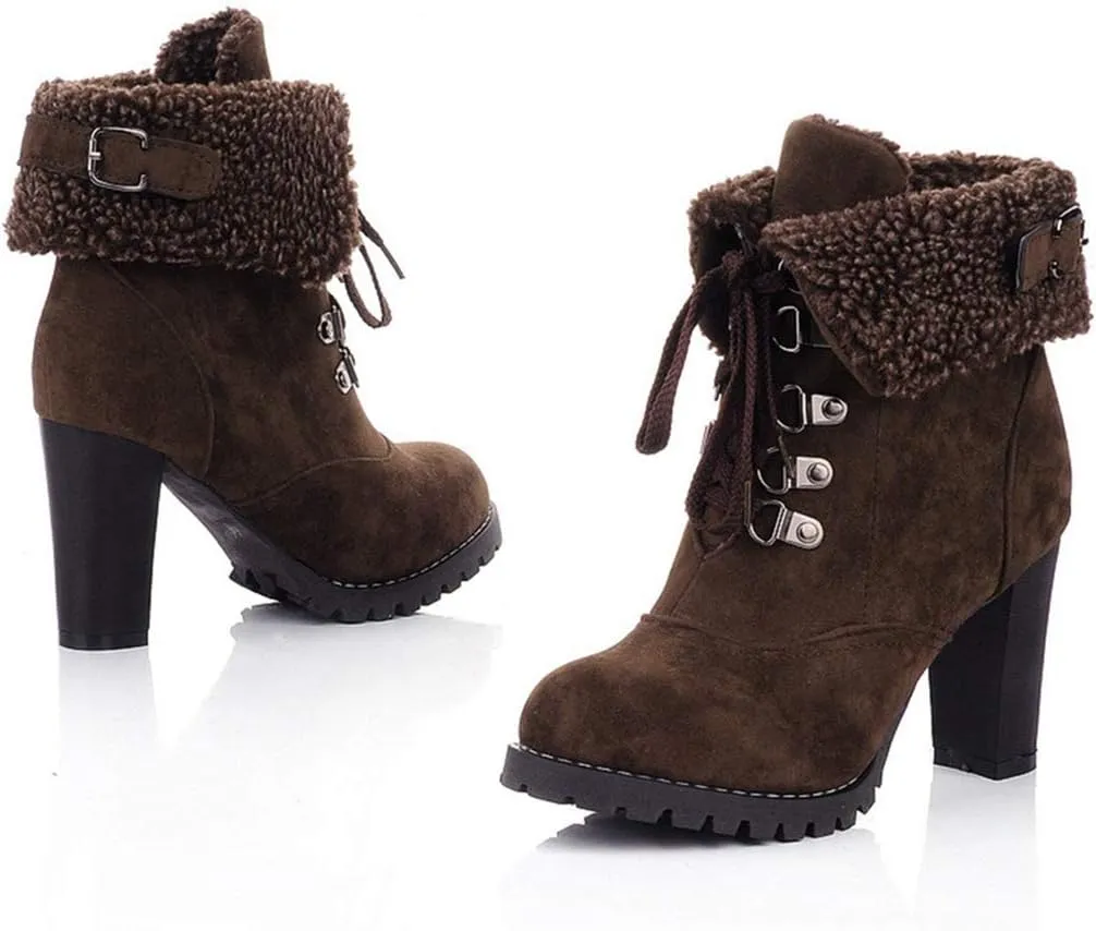 VOKLIN Women's Winter Fur Cuff Ankle Boots Lace Up Round Toe Chunky Block High Heel Warm Dressy Short Booties