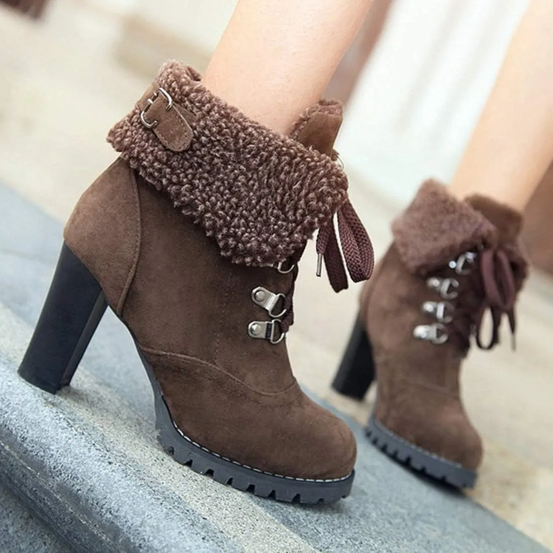 VOKLIN Women's Winter Fur Cuff Ankle Boots Lace Up Round Toe Chunky Block High Heel Warm Dressy Short Booties
