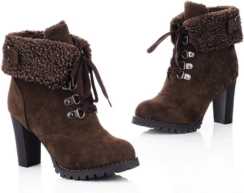 VOKLIN Women's Winter Fur Cuff Ankle Boots Lace Up Round Toe Chunky Block High Heel Warm Dressy Short Booties