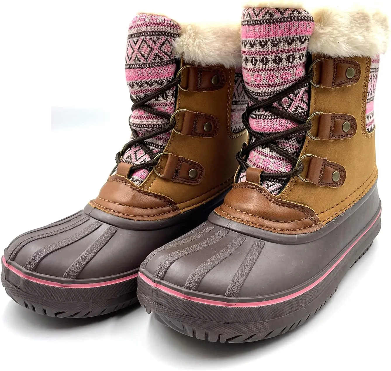 Warm Little Kids Snow Boots Pink Glitter Girls Snow Boots Waterproof Youth Snow Boots For Girls Slip Resistance Big Kids Snow Boots Faux Fur Insulated Lace-up Winter Boots…