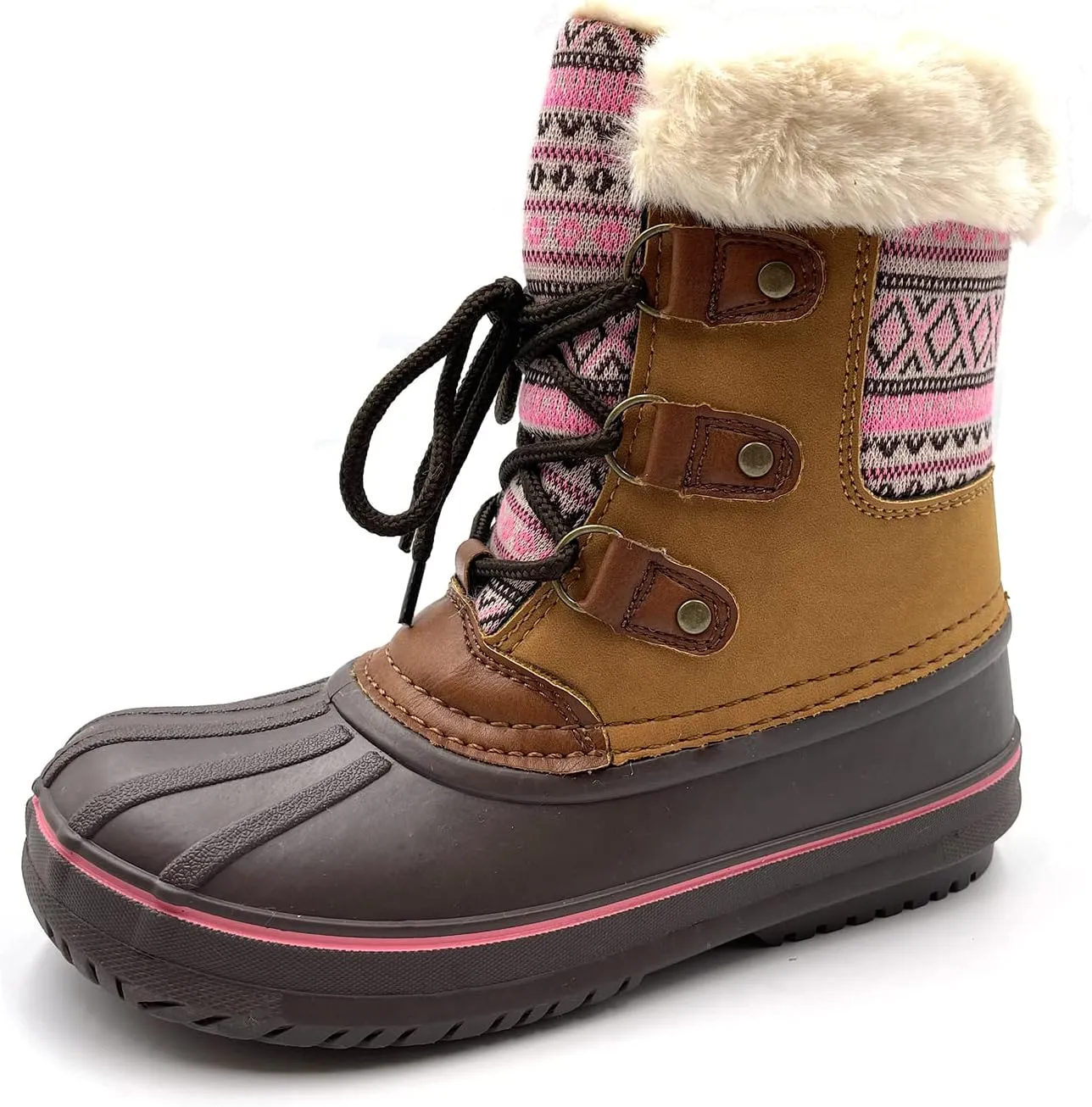 Warm Little Kids Snow Boots Pink Glitter Girls Snow Boots Waterproof Youth Snow Boots For Girls Slip Resistance Big Kids Snow Boots Faux Fur Insulated Lace-up Winter Boots…