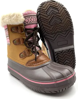 Warm Little Kids Snow Boots Pink Glitter Girls Snow Boots Waterproof Youth Snow Boots For Girls Slip Resistance Big Kids Snow Boots Faux Fur Insulated Lace-up Winter Boots…