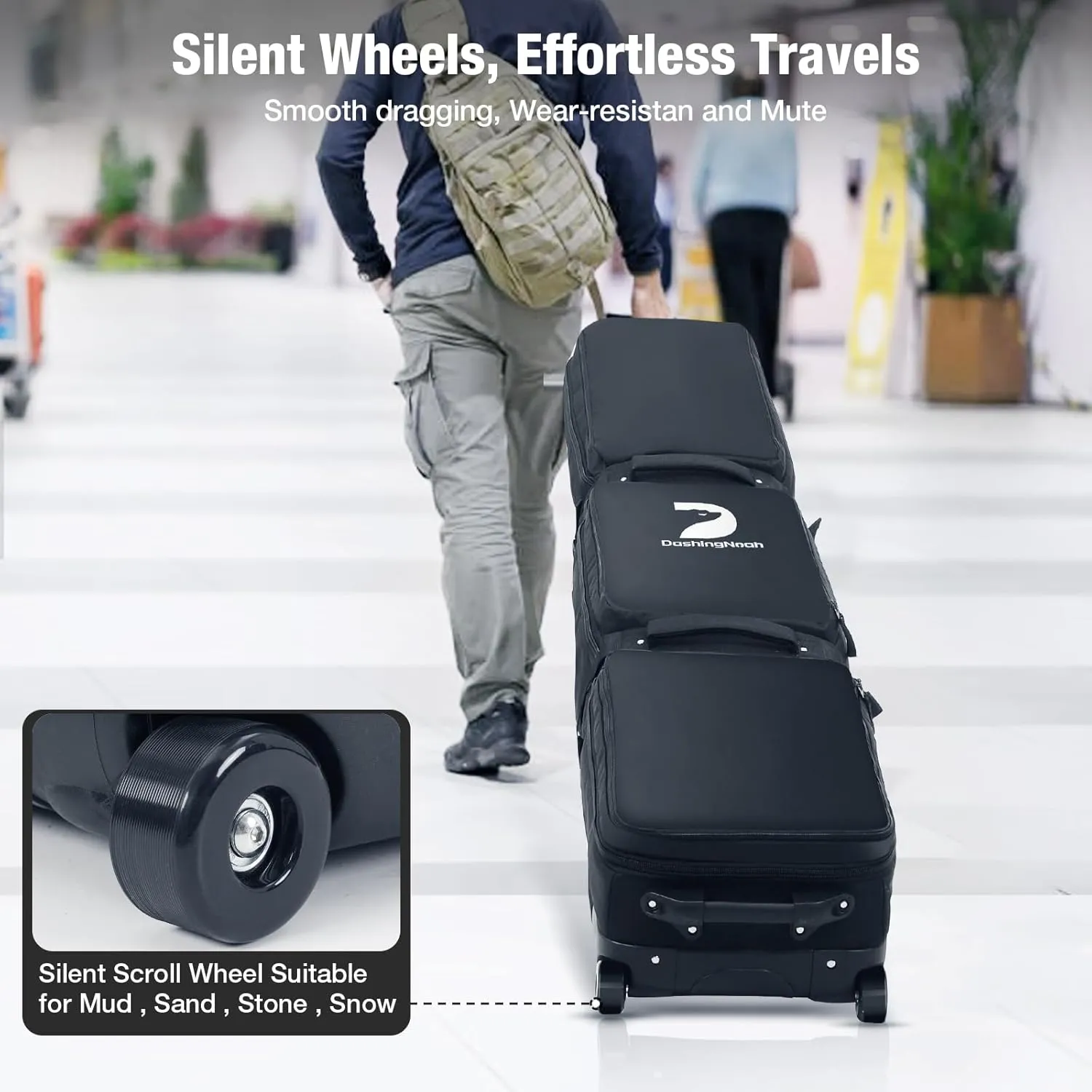 Waterproof Ski Bag with Wheels, Double Rolling Snowboard Bag for Air Travel Extendable From 155CM-187CM, with 3 Padded Outside Compartment Storage Helmet, Boots, Goggles, Jackets