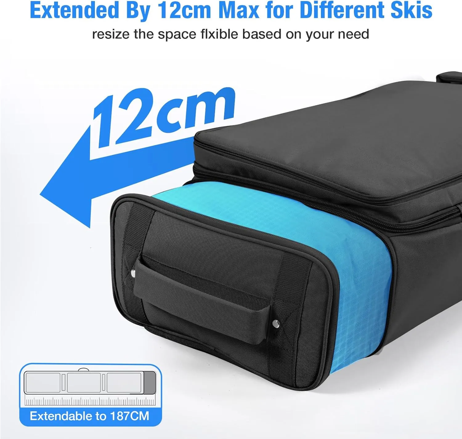 Waterproof Ski Bag with Wheels, Double Rolling Snowboard Bag for Air Travel Extendable From 155CM-187CM, with 3 Padded Outside Compartment Storage Helmet, Boots, Goggles, Jackets