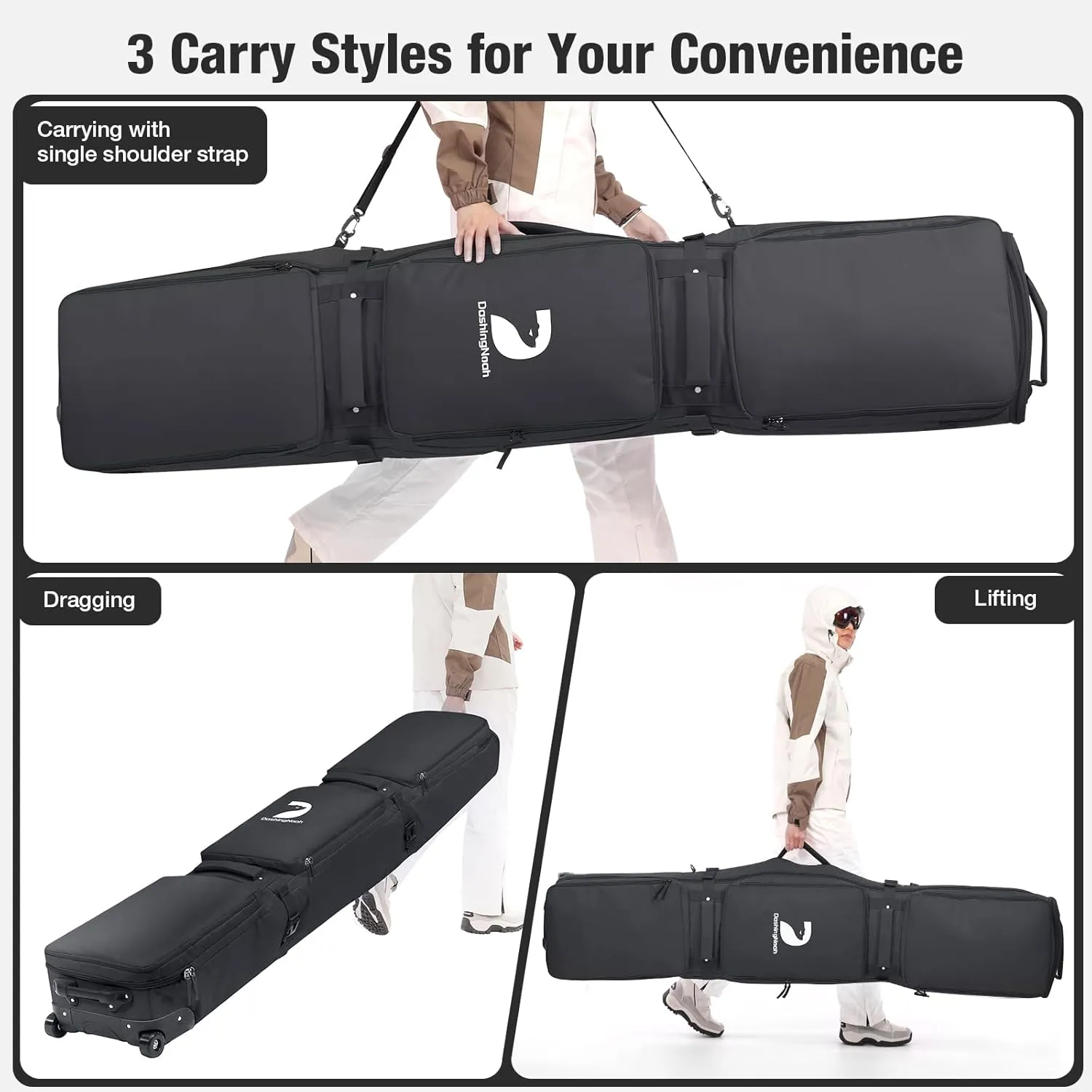 Waterproof Ski Bag with Wheels, Double Rolling Snowboard Bag for Air Travel Extendable From 155CM-187CM, with 3 Padded Outside Compartment Storage Helmet, Boots, Goggles, Jackets