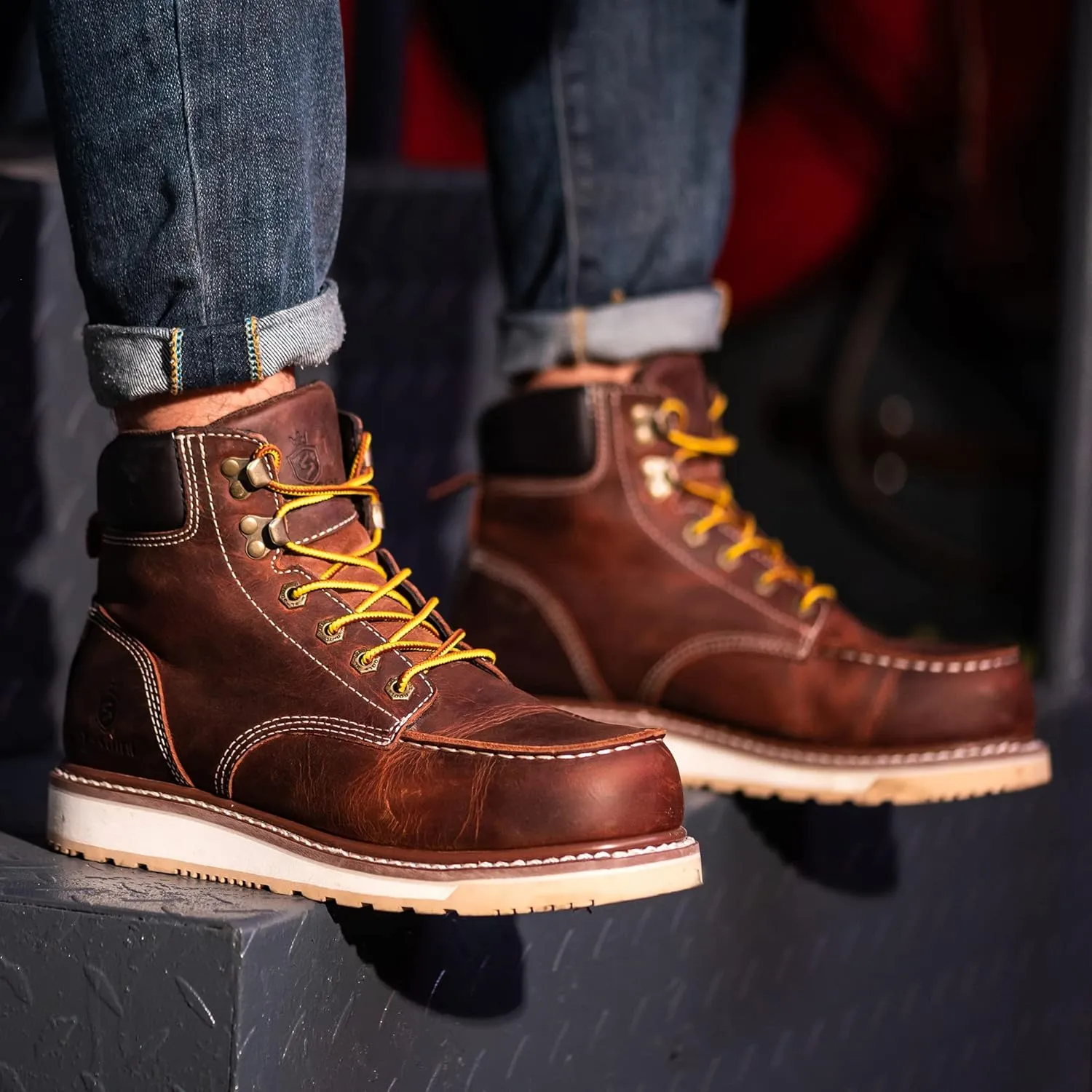 Waterproof Steel Moc Toe Classic Fashion Work Boots for Men,Industrial Construction Insulated Wedge Safety Shoes 6 Inch Brown Ankle Footwear Genuine Goodyear Welts Full Grain Leather