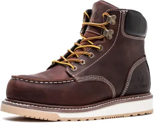 Waterproof Steel Moc Toe Classic Fashion Work Boots for Men,Industrial Construction Insulated Wedge Safety Shoes 6 Inch Brown Ankle Footwear Genuine Goodyear Welts Full Grain Leather