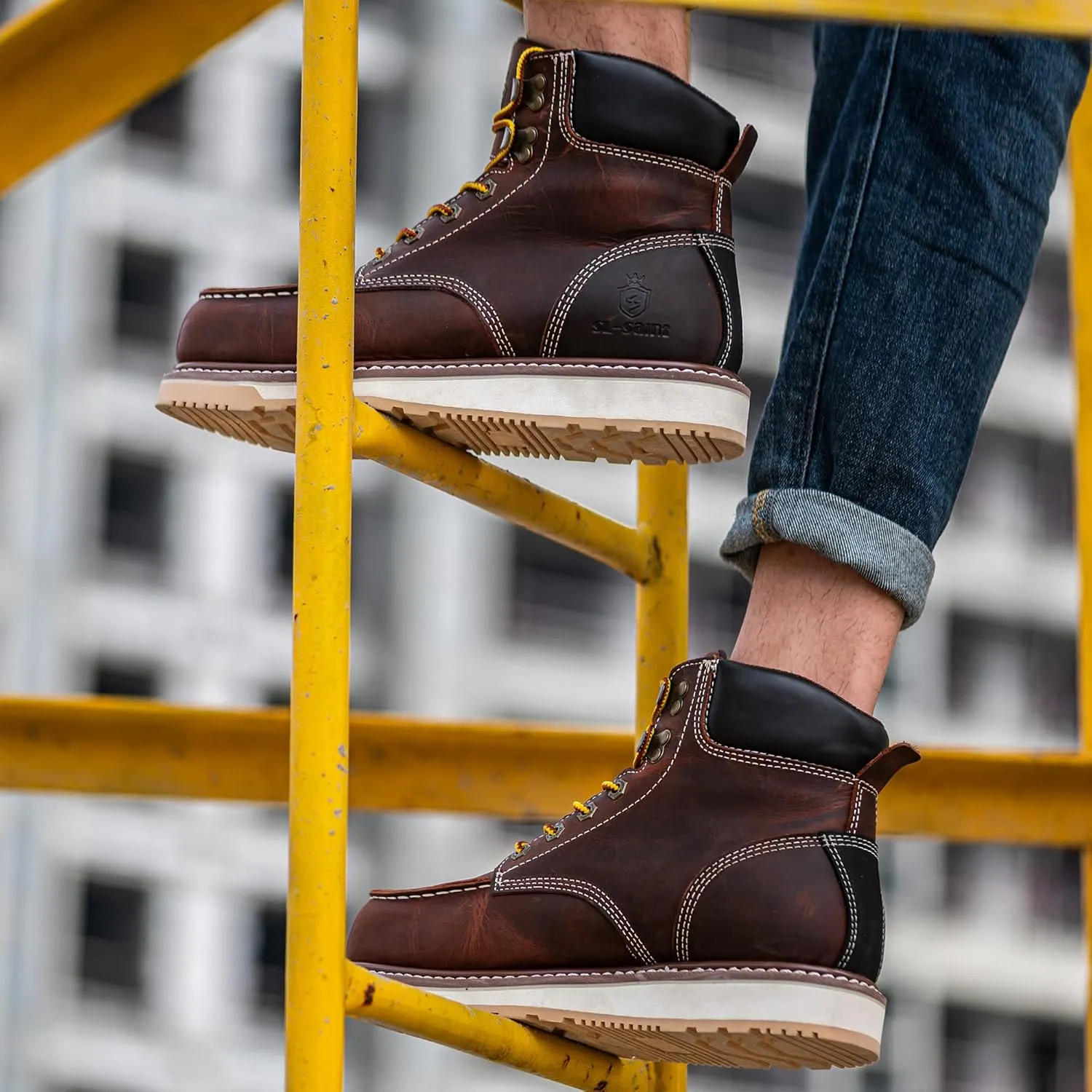 Waterproof Steel Moc Toe Classic Fashion Work Boots for Men,Industrial Construction Insulated Wedge Safety Shoes 6 Inch Brown Ankle Footwear Genuine Goodyear Welts Full Grain Leather