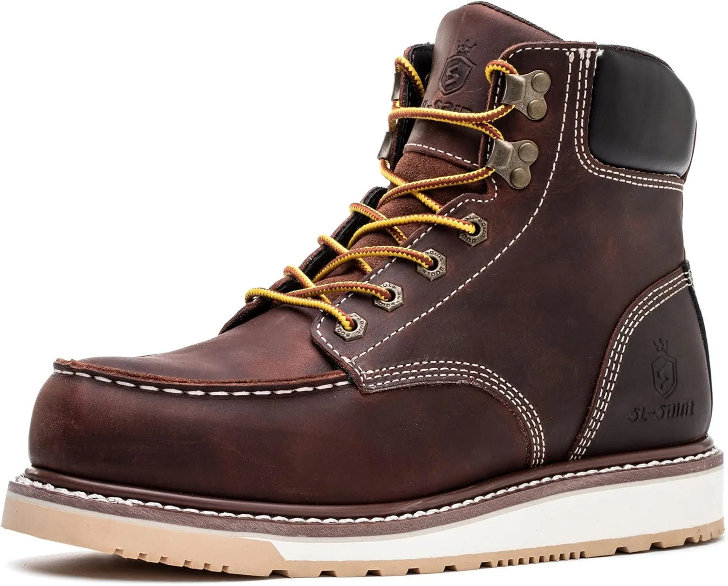 Waterproof Steel Moc Toe Classic Fashion Work Boots for Men,Industrial Construction Insulated Wedge Safety Shoes 6 Inch Brown Ankle Footwear Genuine Goodyear Welts Full Grain Leather