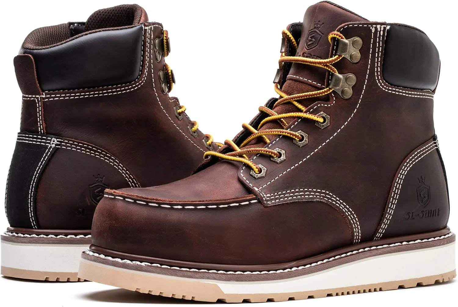 Waterproof Steel Moc Toe Classic Fashion Work Boots for Men,Industrial Construction Insulated Wedge Safety Shoes 6 Inch Brown Ankle Footwear Genuine Goodyear Welts Full Grain Leather