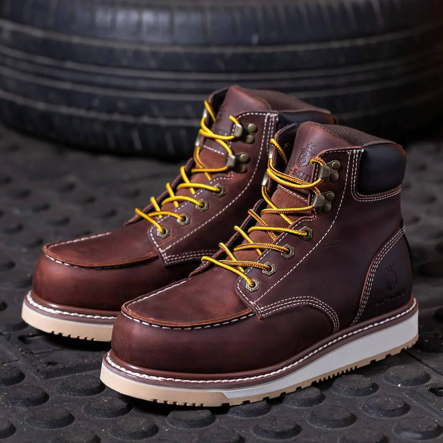 Waterproof Steel Moc Toe Classic Fashion Work Boots for Men,Industrial Construction Insulated Wedge Safety Shoes 6 Inch Brown Ankle Footwear Genuine Goodyear Welts Full Grain Leather
