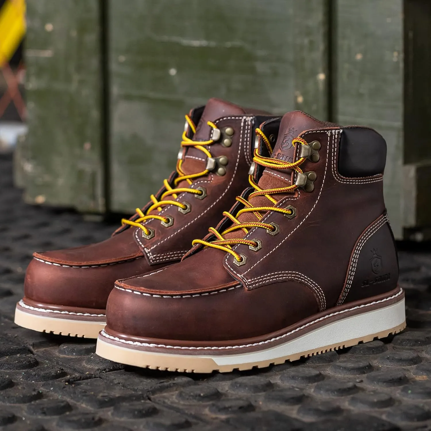 Waterproof Steel Moc Toe Classic Fashion Work Boots for Men,Industrial Construction Insulated Wedge Safety Shoes 6 Inch Brown Ankle Footwear Genuine Goodyear Welts Full Grain Leather