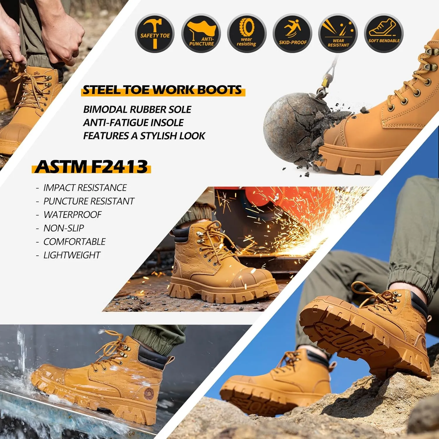 Waterproof Steel Toe Boots For Men 6 Inch Leather Steel Toe Shoes Non Slip Resistant Safety Work Boots Indestructible Lightweight Construction Boot With Composite Toe