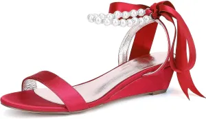 Wedding Heels Open Toe Ankle Buckle Strap Sandals Block Heels Satin Bridal Pumps Bowknot Strap Evening Dress Bridesmaids Shoes