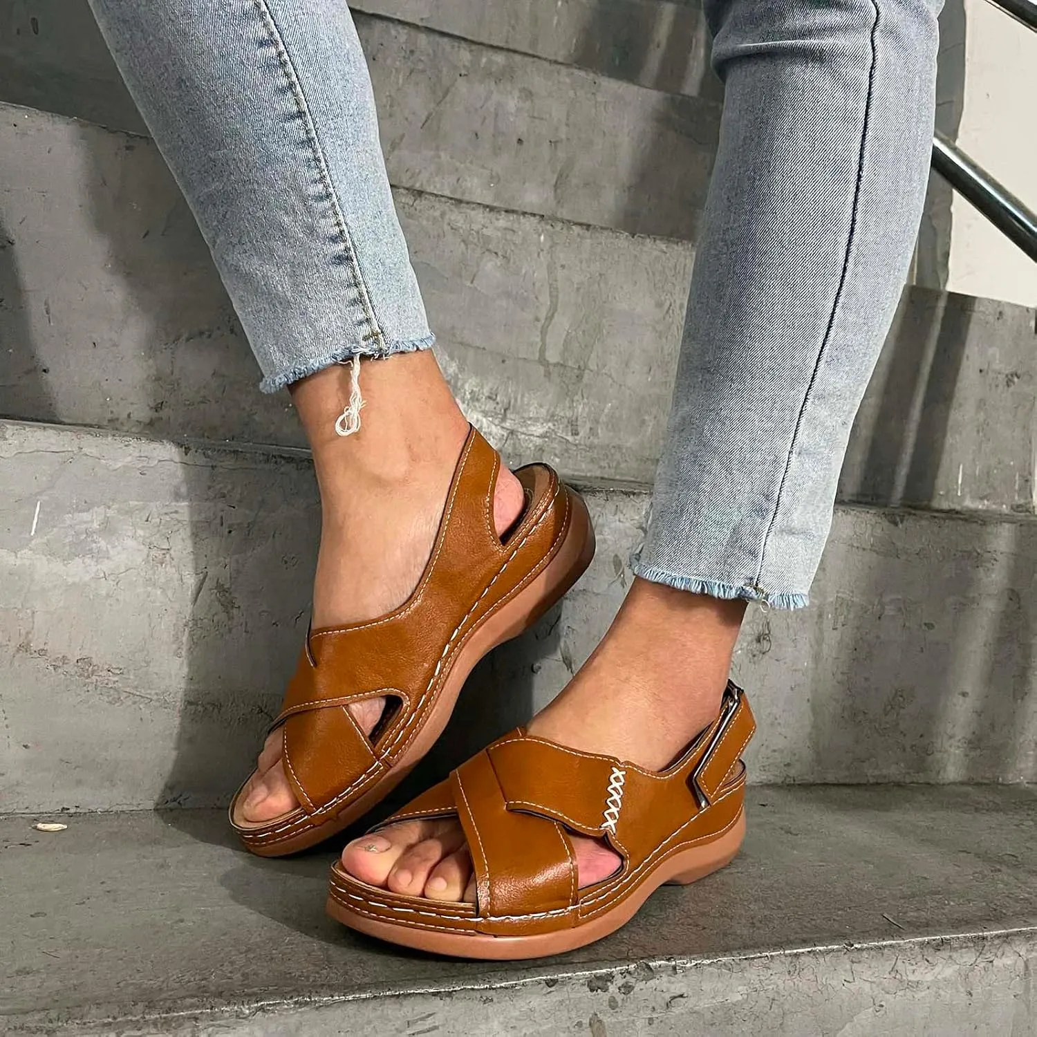 Wedge Sandals for Women Crisscross Open Toe Comfort Arch Support Orthopedic Sandal with Adjustable Ankle Strap Casual Summer Beach Shoes