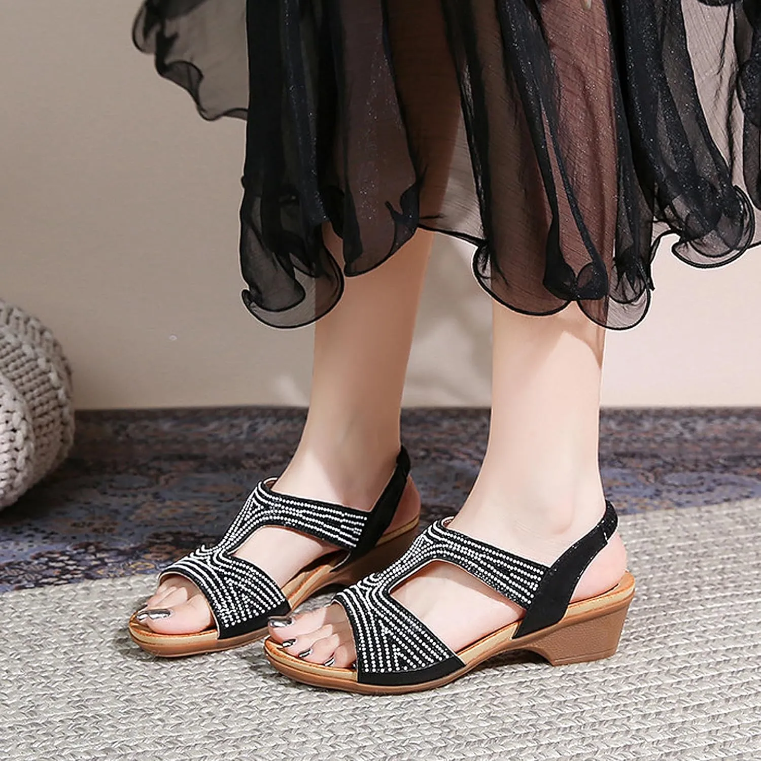 Wedge Sandals for Women Dress Elastic Ankle Strap Rhinestone Summer Beach Sandal T-Strap Beaded Bohemia Shoes Comfortable Office Clubbing Work