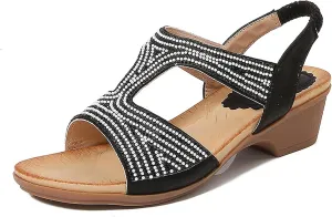 Wedge Sandals for Women Dress Elastic Ankle Strap Rhinestone Summer Beach Sandal T-Strap Beaded Bohemia Shoes Comfortable Office Clubbing Work