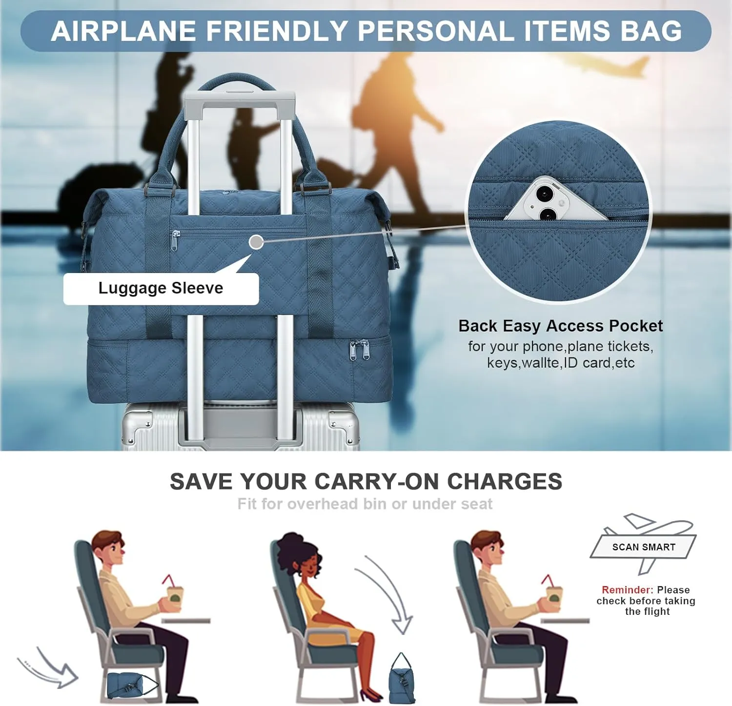 Weekender Bags for Women, Carry-On Personal Item Bag, Overnight Travel Duffel Bag with Shoes Compartment &Trolley Sleeve