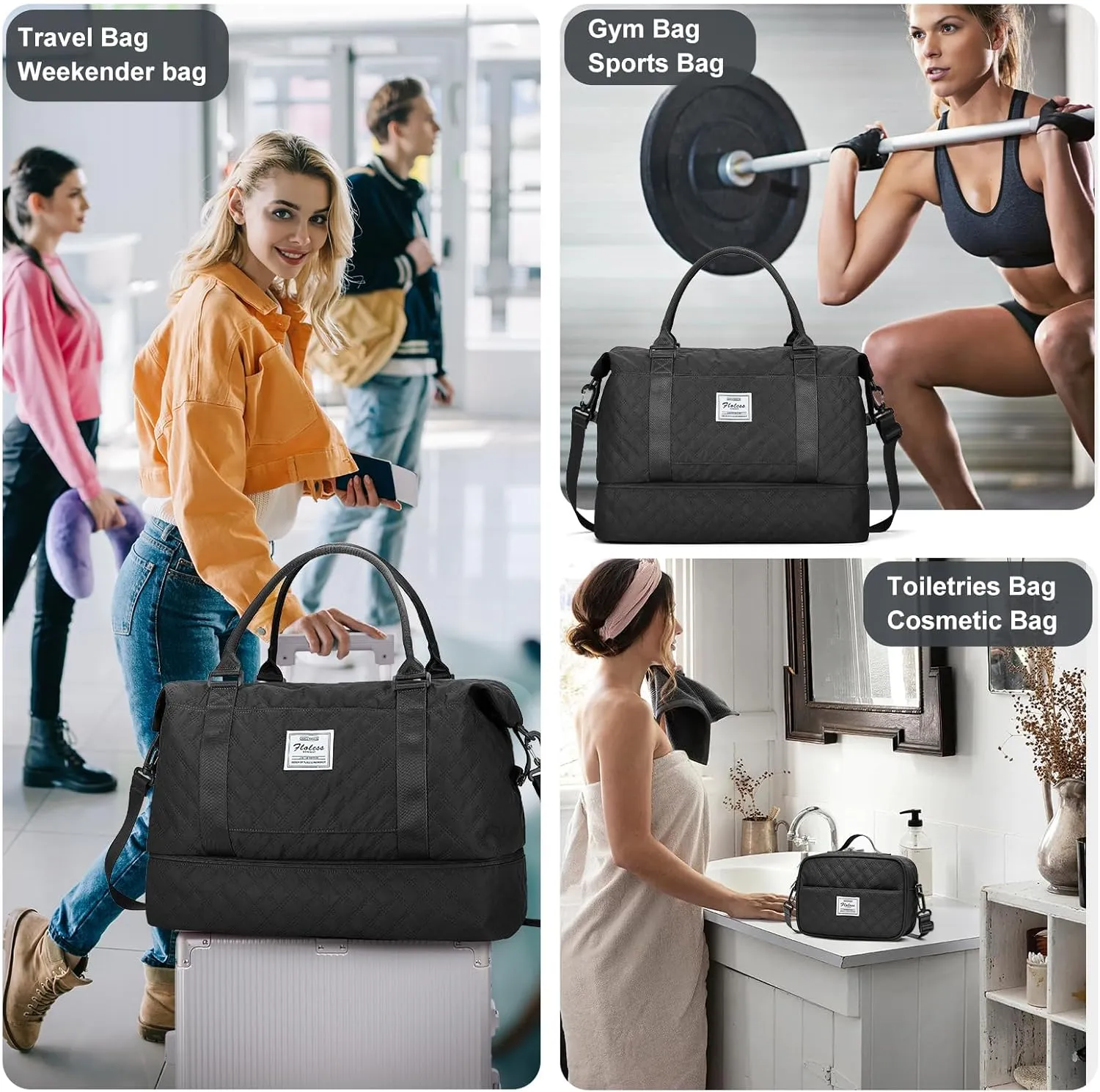 Weekender Bags for Women, Carry-On Personal Item Bag, Overnight Travel Duffel Bag with Shoes Compartment &Trolley Sleeve