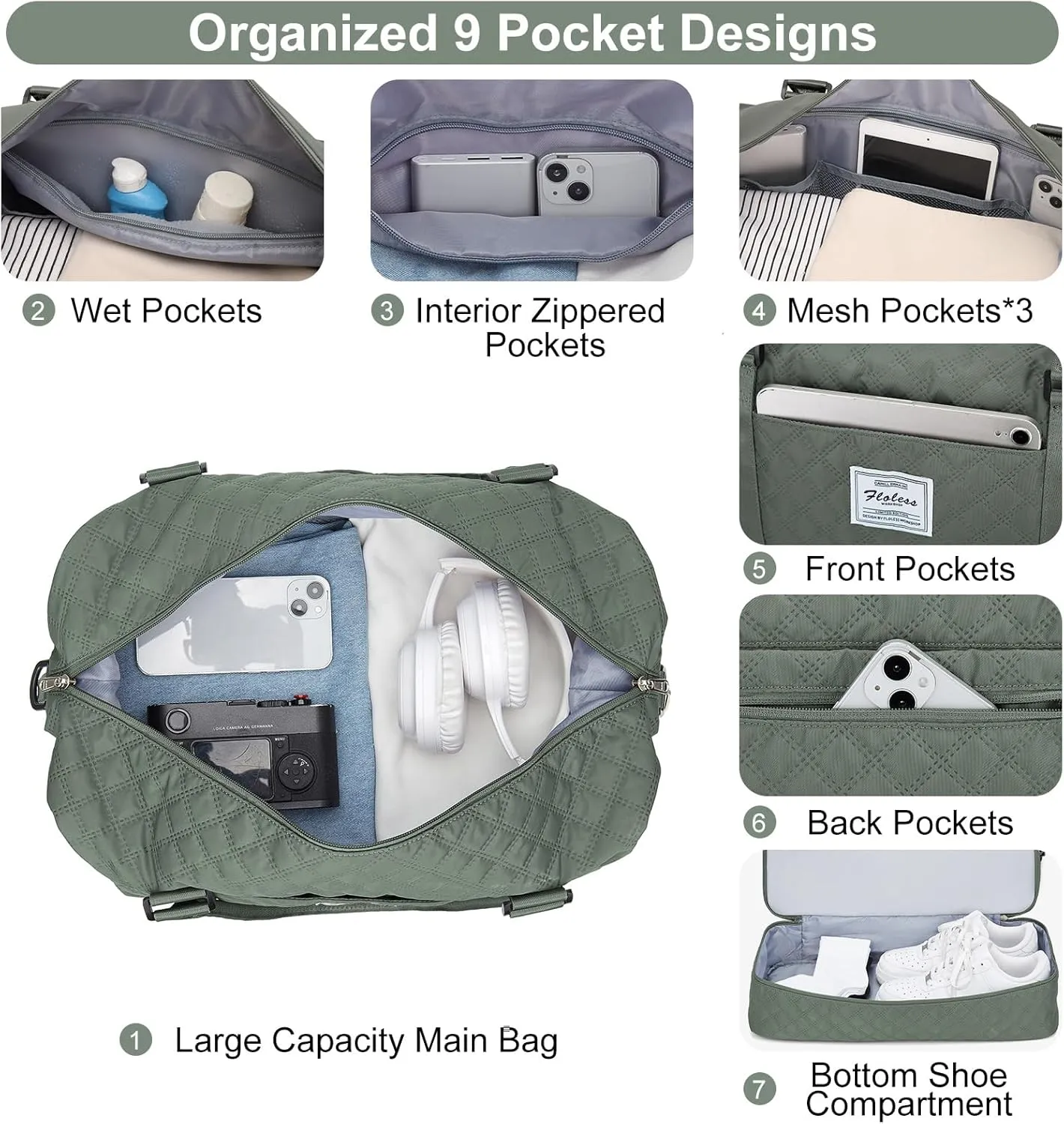 Weekender Bags for Women, Carry-On Personal Item Bag, Overnight Travel Duffel Bag with Shoes Compartment &Trolley Sleeve