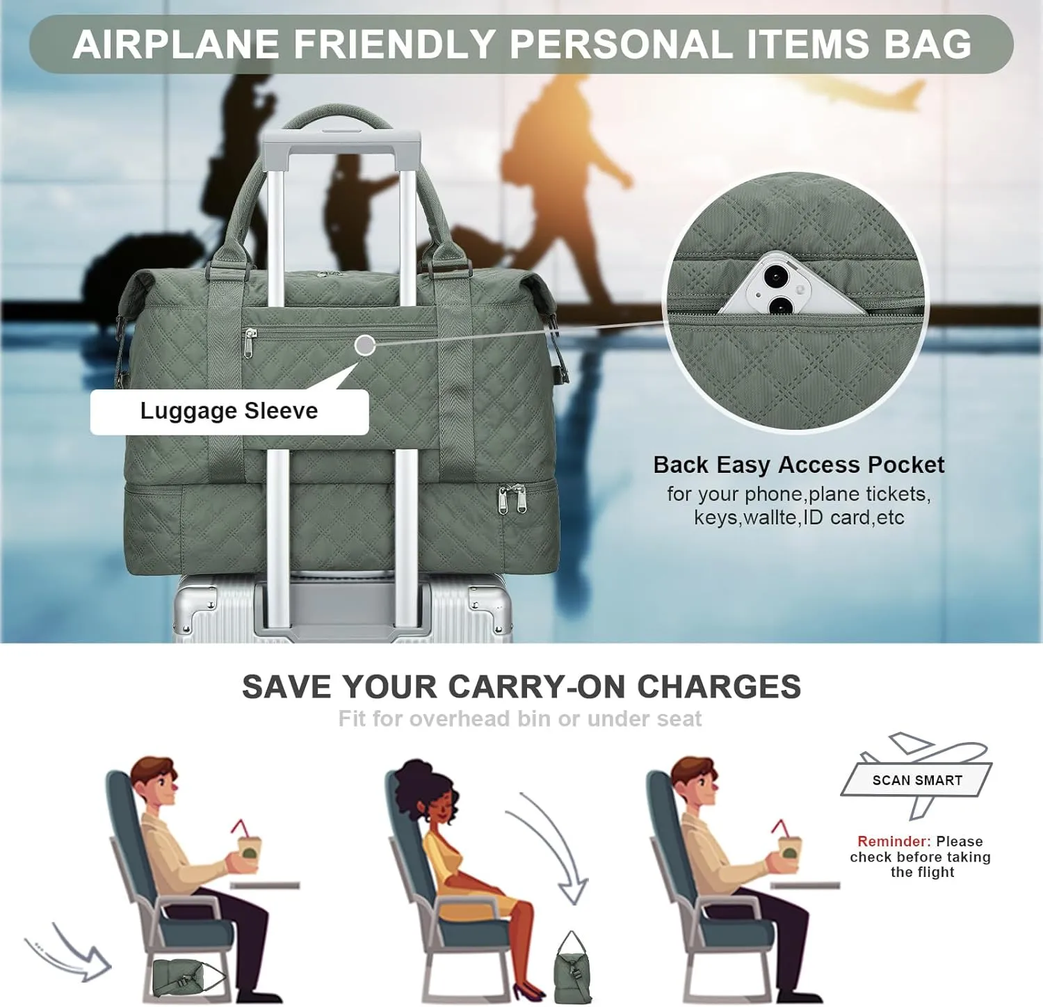 Weekender Bags for Women, Carry-On Personal Item Bag, Overnight Travel Duffel Bag with Shoes Compartment &Trolley Sleeve