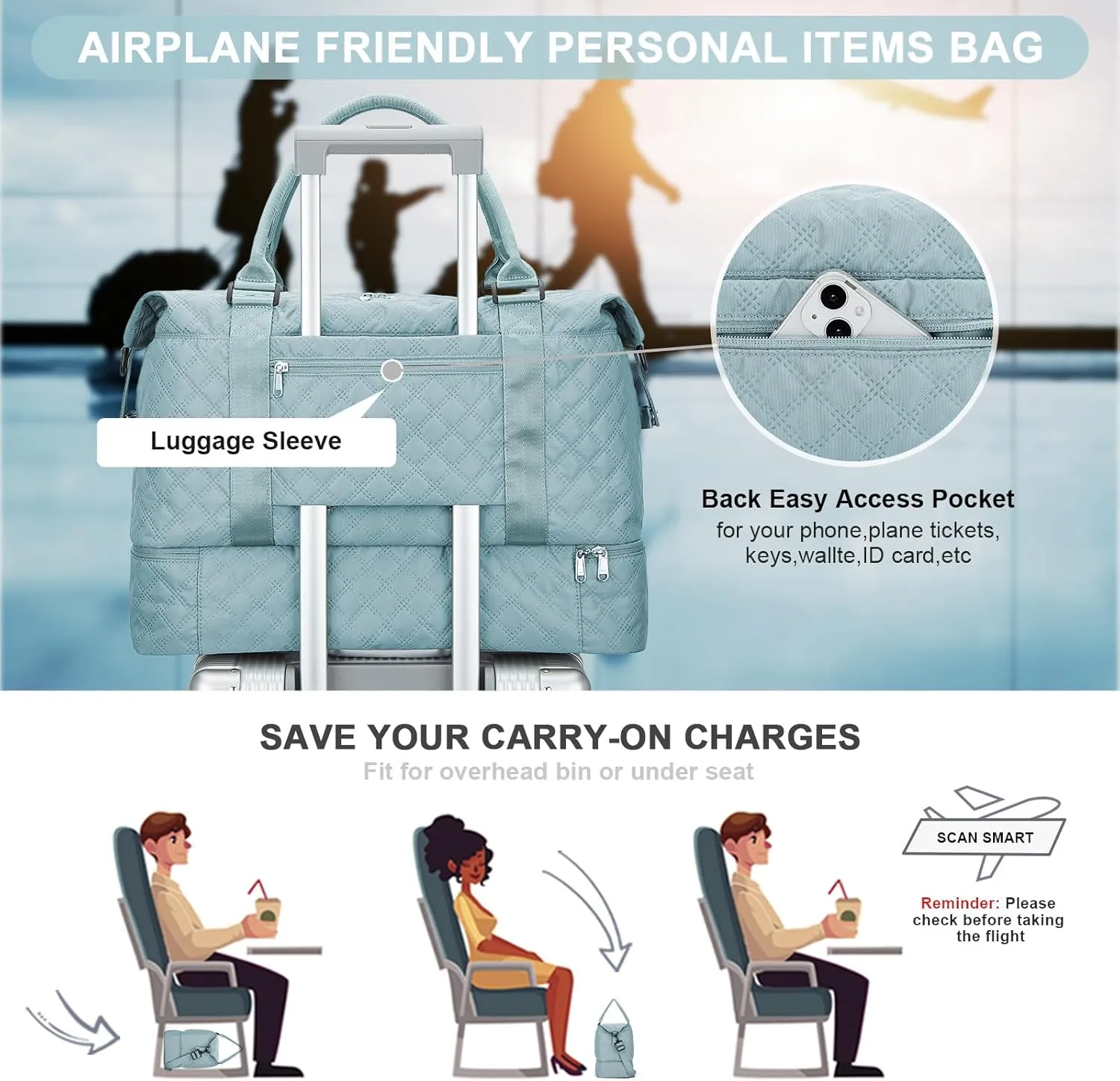 Weekender Bags for Women, Carry-On Personal Item Bag, Overnight Travel Duffel Bag with Shoes Compartment &Trolley Sleeve