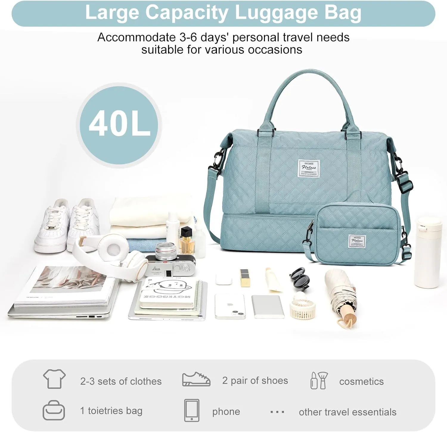 Weekender Bags for Women, Carry-On Personal Item Bag, Overnight Travel Duffel Bag with Shoes Compartment &Trolley Sleeve