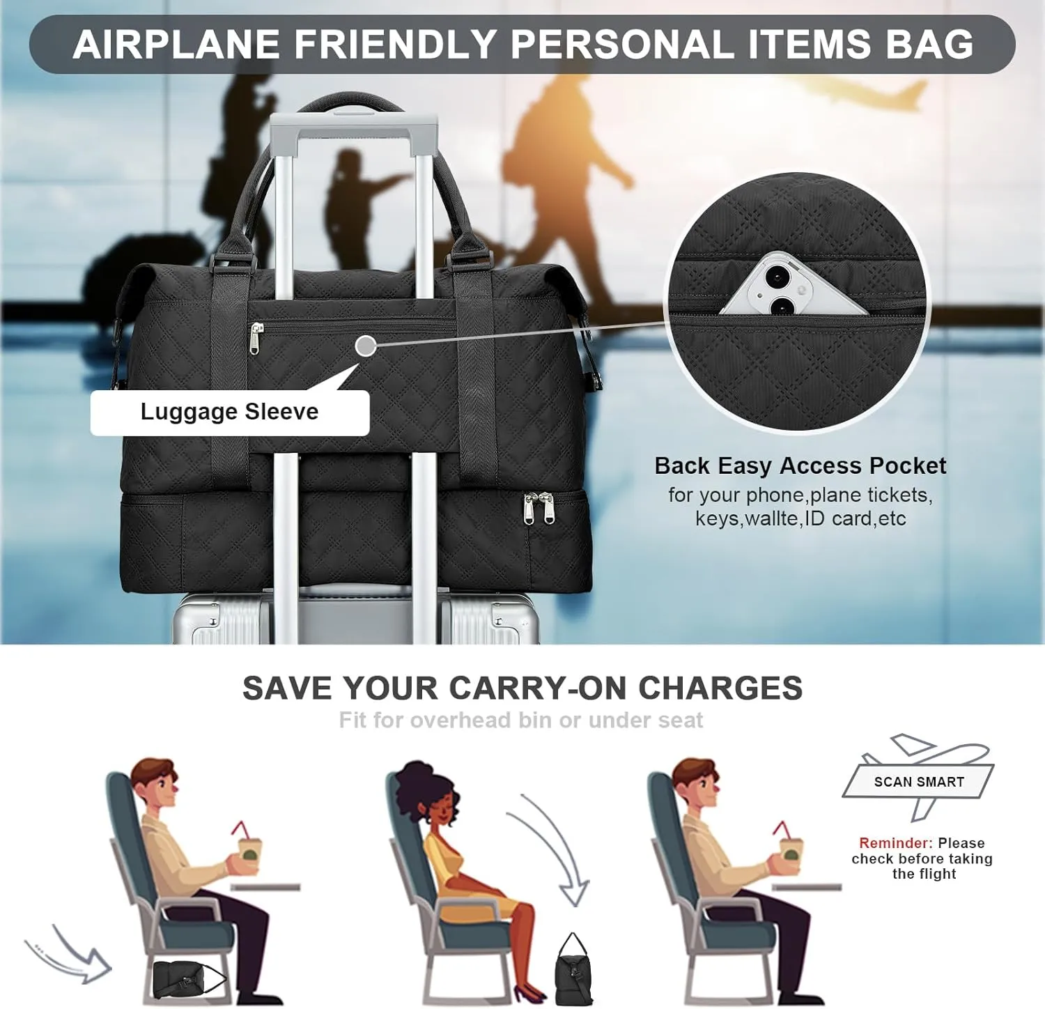 Weekender Bags for Women, Carry-On Personal Item Bag, Overnight Travel Duffel Bag with Shoes Compartment &Trolley Sleeve