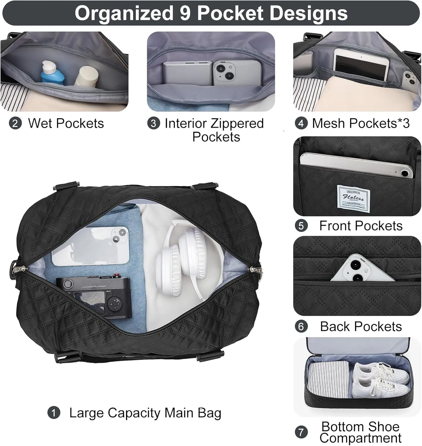 Weekender Bags for Women, Carry-On Personal Item Bag, Overnight Travel Duffel Bag with Shoes Compartment &Trolley Sleeve